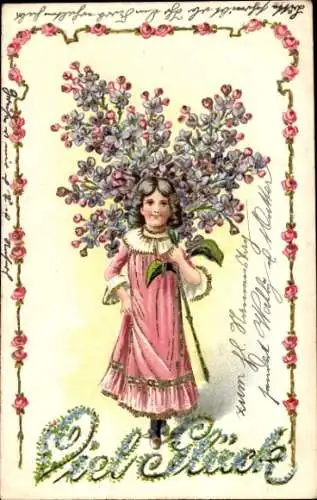 Präge Litho Glückwunsch, Mädchen, Blumenstrauß, Blumen