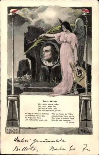 Künstler Ak Rozynski, K. v., Schriftsteller Friedrich von Schiller, Jubiläum 1905, Engel, Lorbeeren