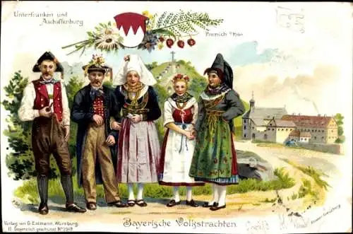 Litho Bayerische Volkstrachten, Unterfranken, Aschaffenburg