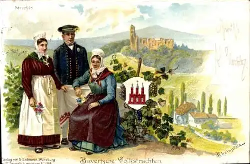 Litho Steinfeld in der Pfalz, Bayrische Volkstrachten, Wappen