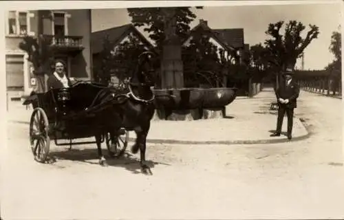 Foto Ak Frau in der Kutsche, Straße, Springbrunnen