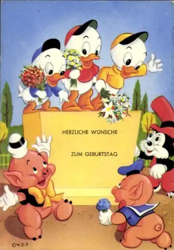 Ak Disney, Tick, Trick und Track, Schweinchen, Blumensträuße, Glückwunsch zum Geburtstag