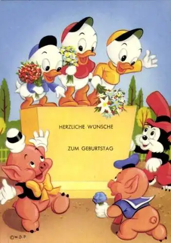 Ak Disney, Tick, Trick und Track, Schweinchen, Blumensträuße, Glückwunsch zum Geburtstag