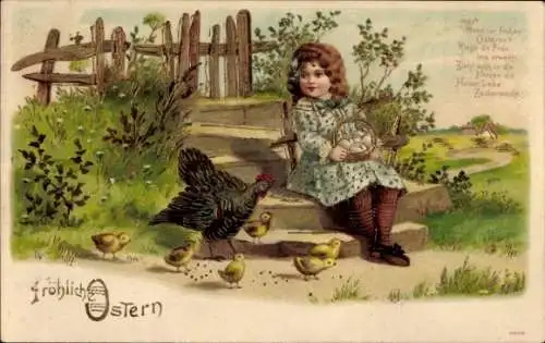 Präge Litho Glückwunsch Ostern, Mädchen, Henne beschützt Küken