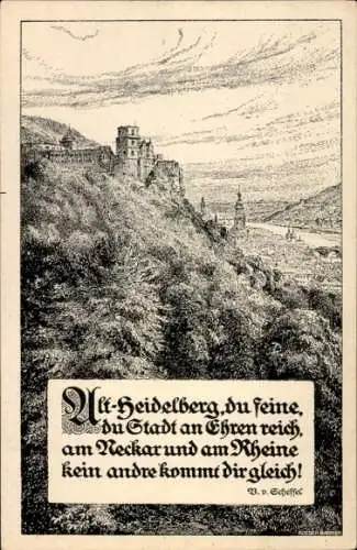 Ak Heidelberg am Neckar, Teilansicht, Burg, Gedicht Alt-Heidelberg, du feine