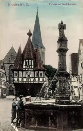 Ak Michelstadt im Odenwaldkreis Südhessen, Rathaus mit Marktbrunnen, Kinder