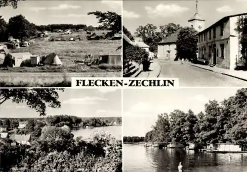 Ak Dorf Zechlin Rheinsberg, Campingplatz, Straßenpartie, Panorama vom Ort, Hausboote