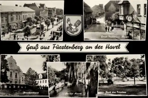 Ak Fürstenwalde an der Spree, Wappen, Ernst-Thälmann-Straße, Park des Friedens, Krankenhaus, Havel