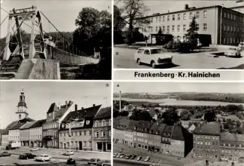 Ak Frankenberg in Sachsen, Hängebrücke bei Sachsenburg, Krankenhaus, Platz der Einheit