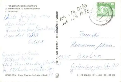 Ak Frankenberg in Sachsen, Hängebrücke bei Sachsenburg, Krankenhaus, Platz der Einheit