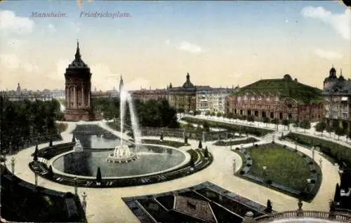 Ak Mannheim, Blick auf den Friedrichsplatz, Springbrunnen, Wasserturm