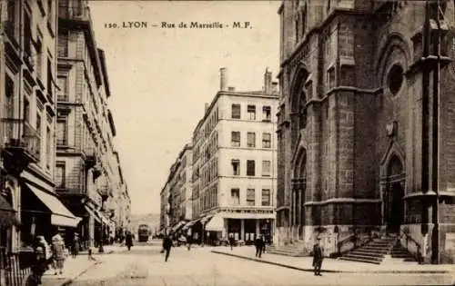 Ak Lyon Rhône, Rue de Marseille, Blick in die Straße