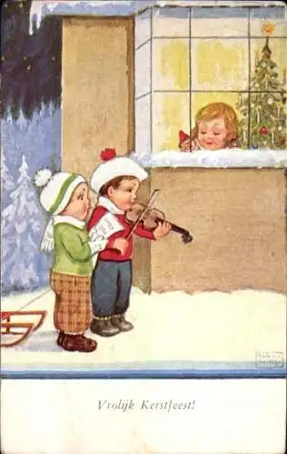 Künstler Ak Wills, John, Frohe Weihnachten, Mädchen am Fenster, musizierende Jungen, Tannenbaum