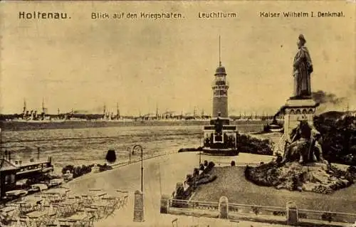 Ak Holtenau Kiel, Kriegshafen, Leuchtturm, Kaiser Wilhelm I. Denkmal