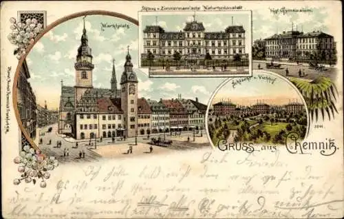 Litho Chemnitz Sachsen, Marktplatz, Gymnasium, Schlachthof, von Zimmermann'sche Naturheilanstalt