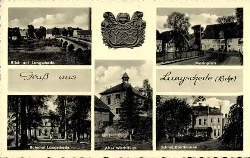 Ak Langschede Fröndenberg an der Ruhr, Bahnhof, Marktplatz, Alter Wachturm, Schloss Dahlhausen