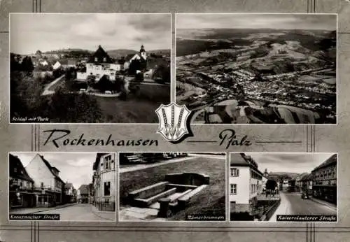 Ak Rockenhausen in der Pfalz, Schloss mit Park, Panorama, Kreuznacher Straße, Römerbrunnen, Wappen