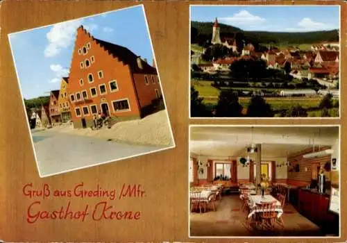 Ak Greding Mittelfranken, Ortsansicht, Gasthof Krone, Außenansicht, Speiseraum