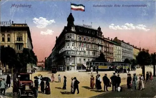 Ak Magdeburg an der Elbe, Bahnhofstraße Ecke Kronprinzenstraße, Central-Hotel