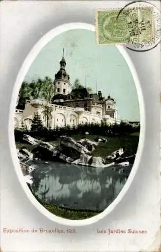 Ak Brüssel Weltausstellung 1910, Les Jardins Suisses, Teichpartie
