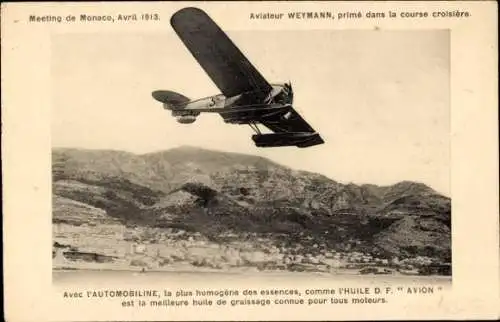 Ak Monte Carlo Monaco, Flieger Weymann, Bonus im Kreuzfahrtrennen, Automobiline, Treffen 1913