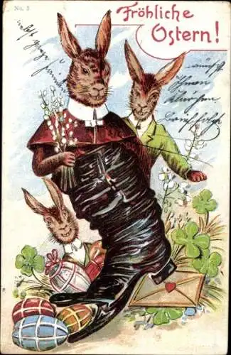 Litho Glückwunsch Ostern, Osterhasen, Schuh, Ostereier, Weidenkätzchen, Glücksklee