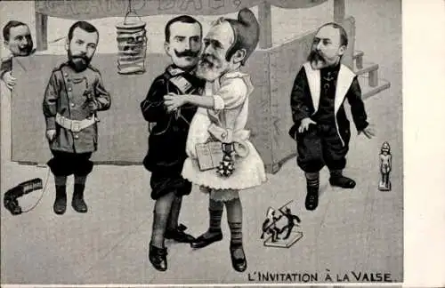 Ak L'Invitation à la Valse, Emile Loubet, Viktor Emanuel III., Eduard VII., Zar Nikolaus II., Kaiser