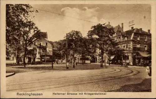 Ak Recklinghausen im Ruhrgebiet, Halterner Straße mit Kriegerdenkmal, Straßenbahn