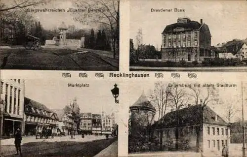 Ak Recklinghausen, Kriegswahrzeichen Eiserner Bergmann, Dresdner Bank, Marktplatz, Engelsburg