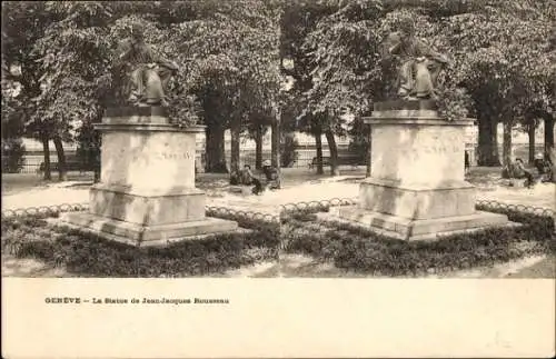 Stereo Ak Genf Stadt Schweiz, Statue Jean Jacques Rousseau