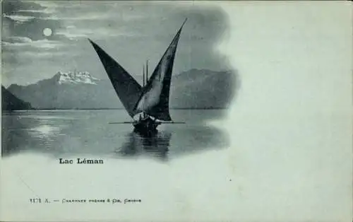 Mondschein Ak Genf, vue générale d'une Barque du Lac Léman