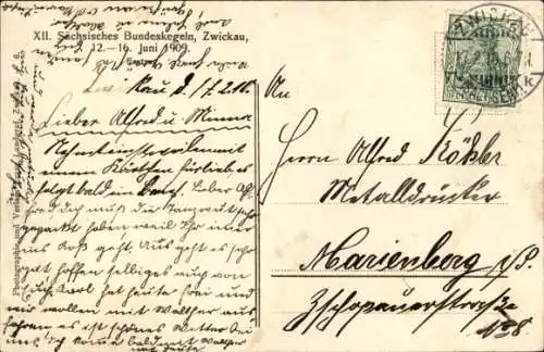 Ak Zwickau in Sachsen, XII. Sächsisches Bundeskegeln 1909, Festzug, Festwagen