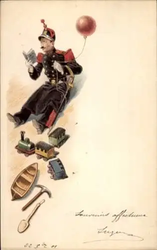 Litho Französischer Soldat mit Luftballon und Spielzeugen