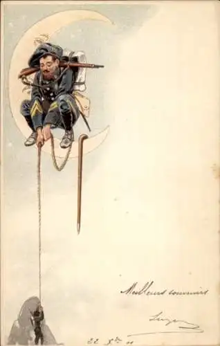Litho Französischer Soldat zieht an einem Seil, Gebirgstruppen, Mondsichel