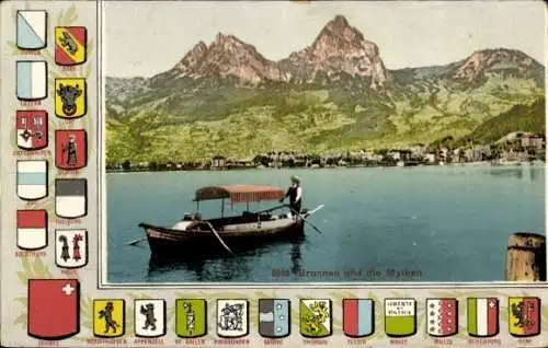 Ak Brunnen Kt Schwyz, Mythen, Boot, Kantonswappen Schweiz