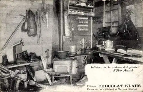 Ak Ober Aletsch Kanton Wallis, Interieur de la Cabane d'Alpinistes, Chocolat Klaus