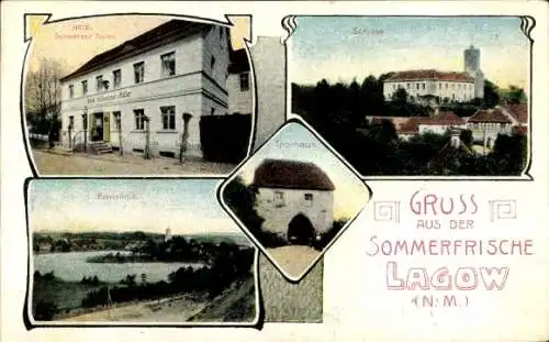 Ak Łagów Lagow Neumark Ostbrandenburg, Schloss, Hotel Schwarzer Adler, Panorama, Torhaus