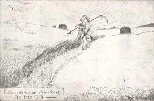 Studentika Künstler Ak Heidelberg am Neckar, Lehrerseminar, Abitur 1914, Junger Mann mit Sense