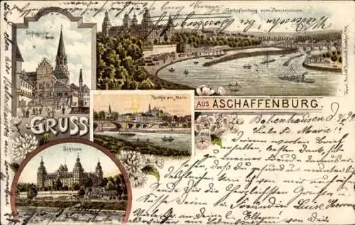 Litho Aschaffenburg in Unterfranken, Schloss, Kirche, Gesamtansicht