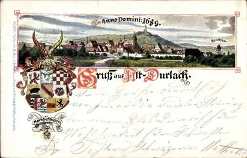 Wappen Ak Durlach Karlsruhe in Baden, Gesamtansicht, Jahr 1689