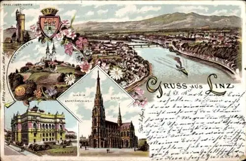 Litho Linz an der Donau Oberösterreich, Gesamtansicht, Franz-Josef-Warte, Museum, Dom