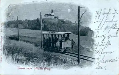 Mondschein Ak Pöstlingberg Linz Donau Oberösterreich, Straßenbahn, Wallfahrtskirche