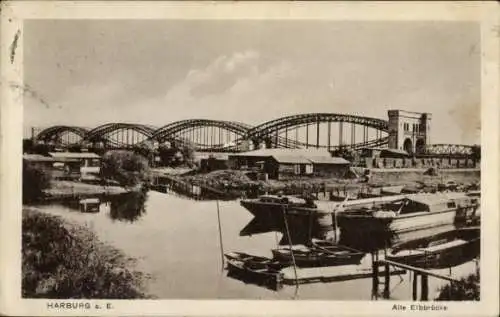 Ak Hamburg Harburg, Blick zur alten Elbbrücke, Boote