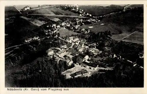 Ak Nöbdenitz Schmölln im Altenburger Land, Fliegeraufnahme, Bahnhofswirtschaft Hugo Rothe