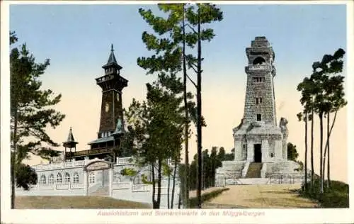 Ak Berlin Köpenick, Aussichtsturm und Bismarckwarte in den Müggelbergen, Restaurant Müggelturm