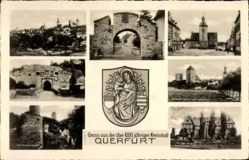 Ak Querfurt im Saalekreis, Gesamtansicht, Schlossbrücke, Marktplatz mit Rathaus