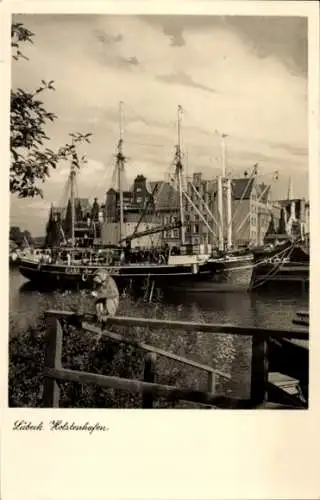 Ak Hansestadt Lübeck, Holstenhafen, Affe, Segelschiff