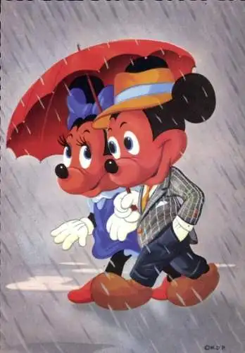 Ak Disney, Micky Maus, Minnie Maus, unter einem Regenschirm