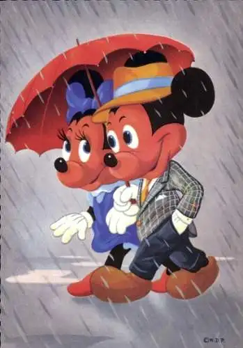 Ak Disney, Micky Maus, Minnie Maus, unter einem Regenschirm