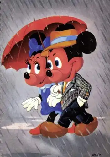 Ak Disney, Micky Maus, Minnie Maus, unter einem Regenschirm